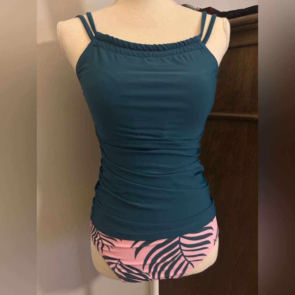 Women’s Teal Tankini Top with Pink Leaf-Print Bikini Bottom